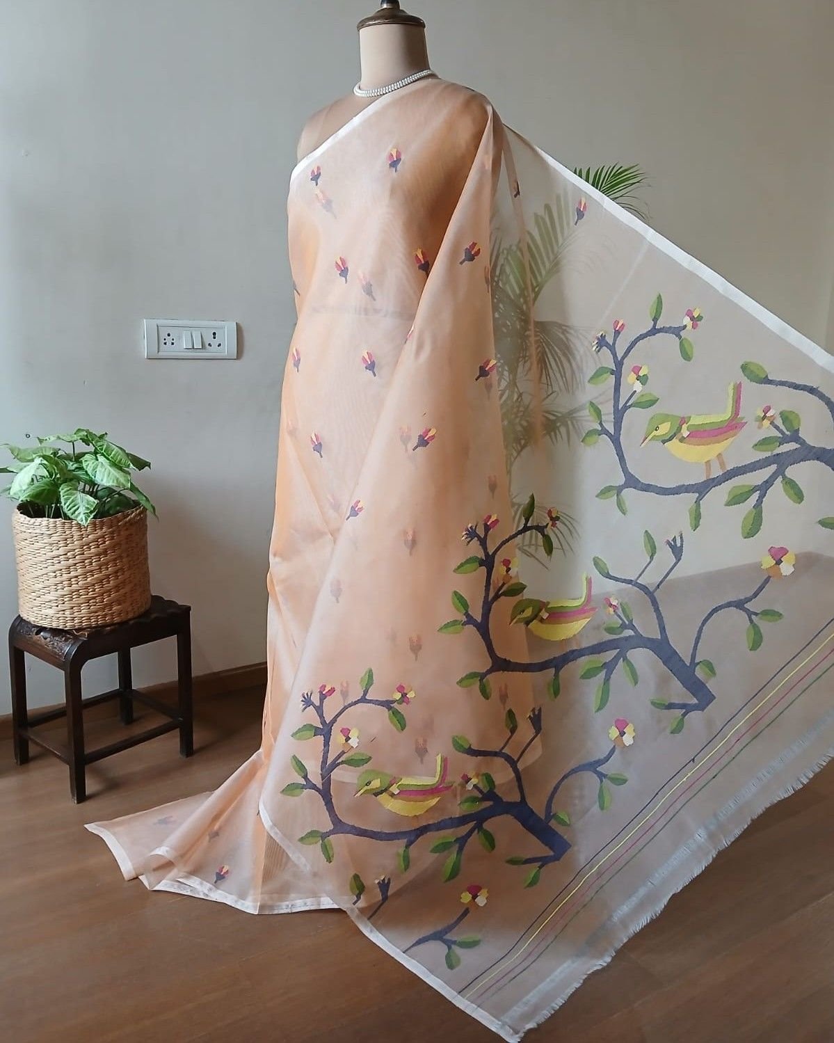 Hand Jamdani in Mulberry Silk with Bird Motifs – (SJMS1169)
