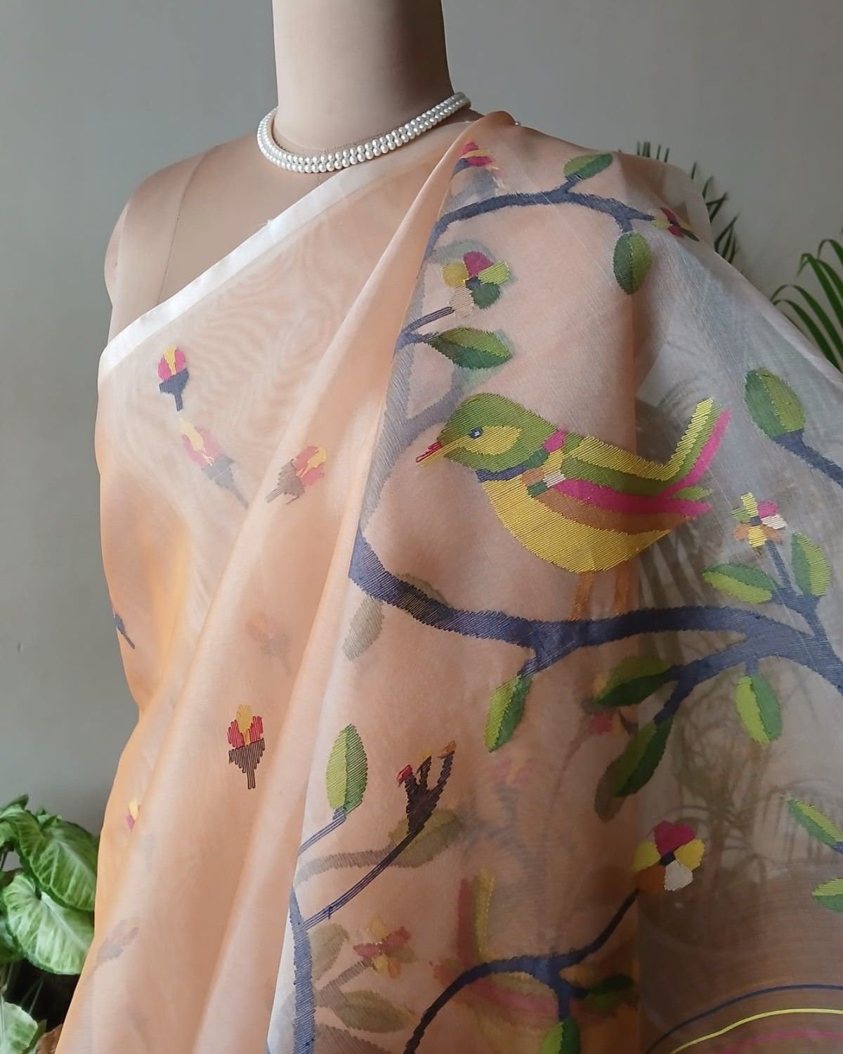 Hand Jamdani in Mulberry Silk with Bird Motifs – (SJMS1169) - Image 5