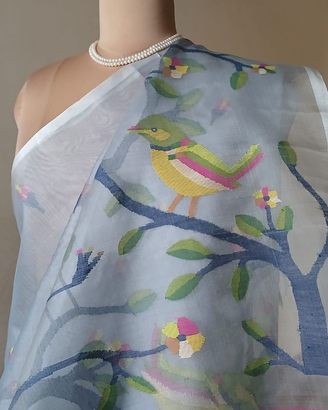 Hand Jamdani in Mulberry Silk with Bird Motifs – (SJMS1168) - Image 3