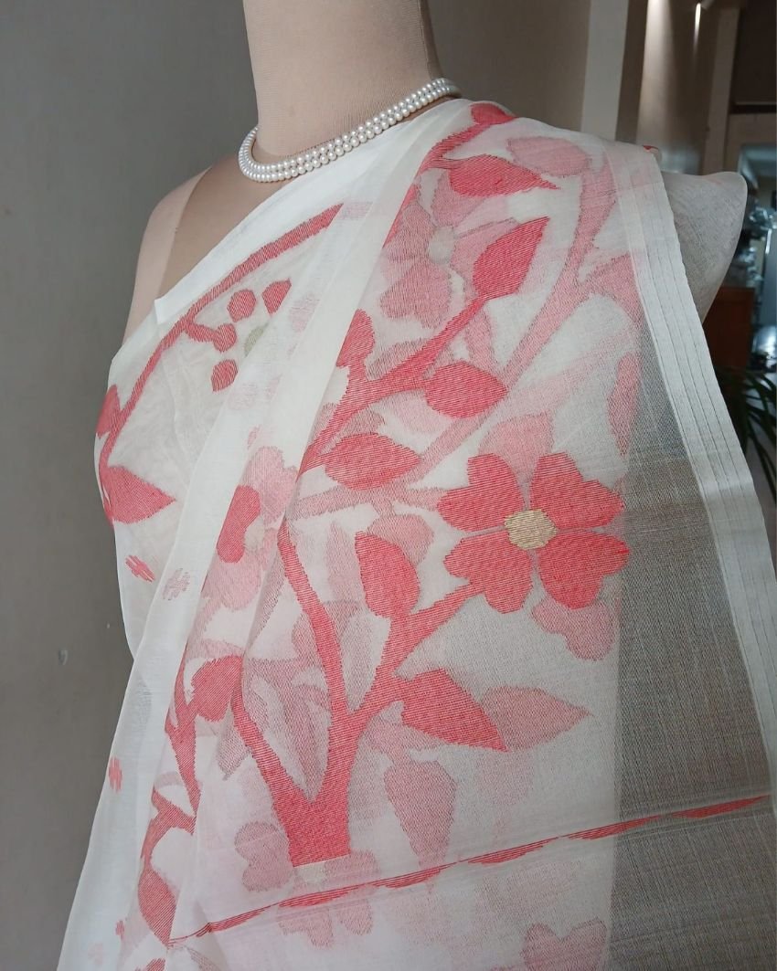 Hand Jamdani in Mulberry Silk with Floral Motifs – (SJMS1133) - Image 5