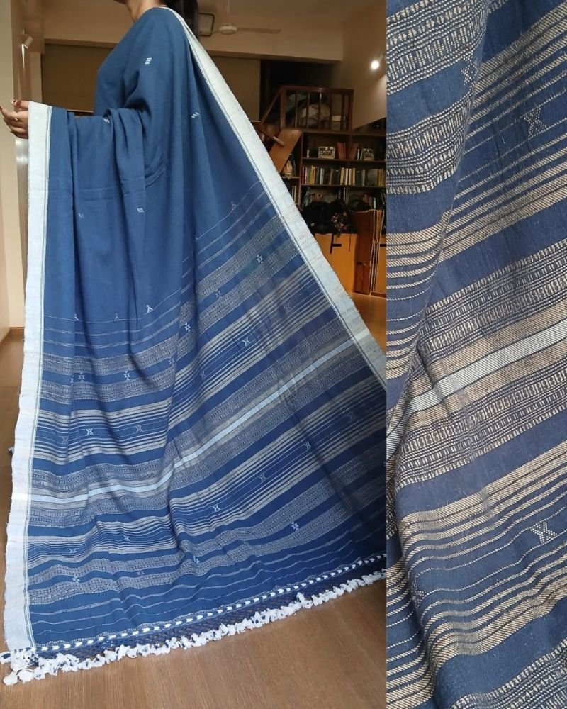 Indigo Kala Cotton Bhujodi Saree with Tussar Silk Highlights – (BHUJ1100)