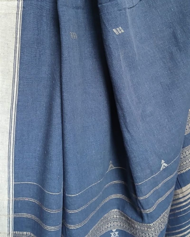 Indigo Kala Cotton Bhujodi Saree with Tussar Silk Highlights – (BHUJ1100) - Image 3
