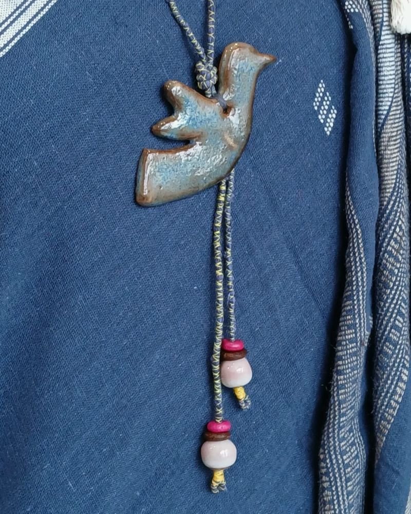 Stylish Ceramic Long Necklace with Flying Dove Motif – (SCLN0004) - Image 2