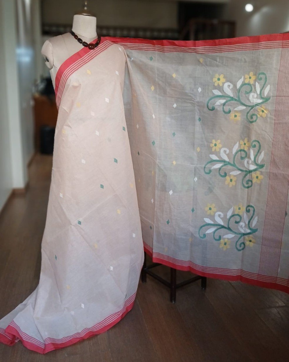 Crisp Cotton Hand Jamdani from Phulia in West Bengal – (CCHJ0022) - Image 3