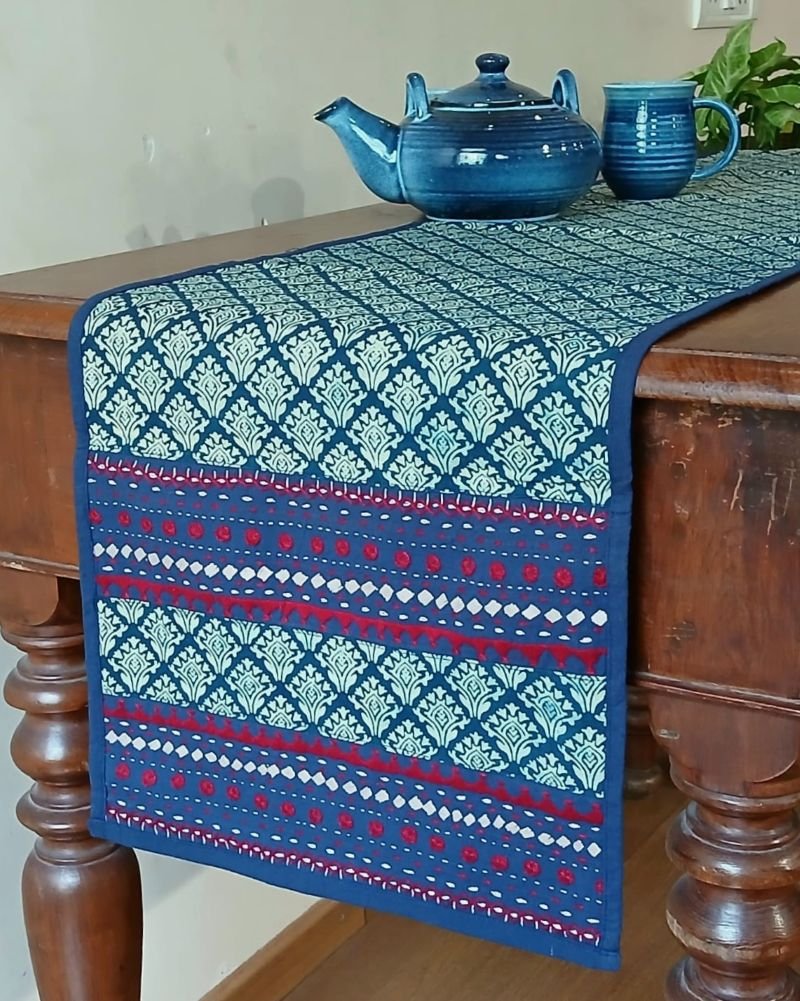 Embroidered Ajrakh Table Runner in Natural Dyes – (EATR0021)