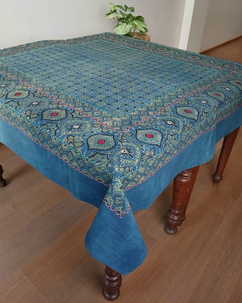 Square Ajrakh Embroidered Table Cloth - (SATC0001)