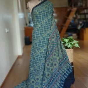 Barmer Ajrakh with Embroidered Palla Mul Cotton Saree – (AMCE0016)