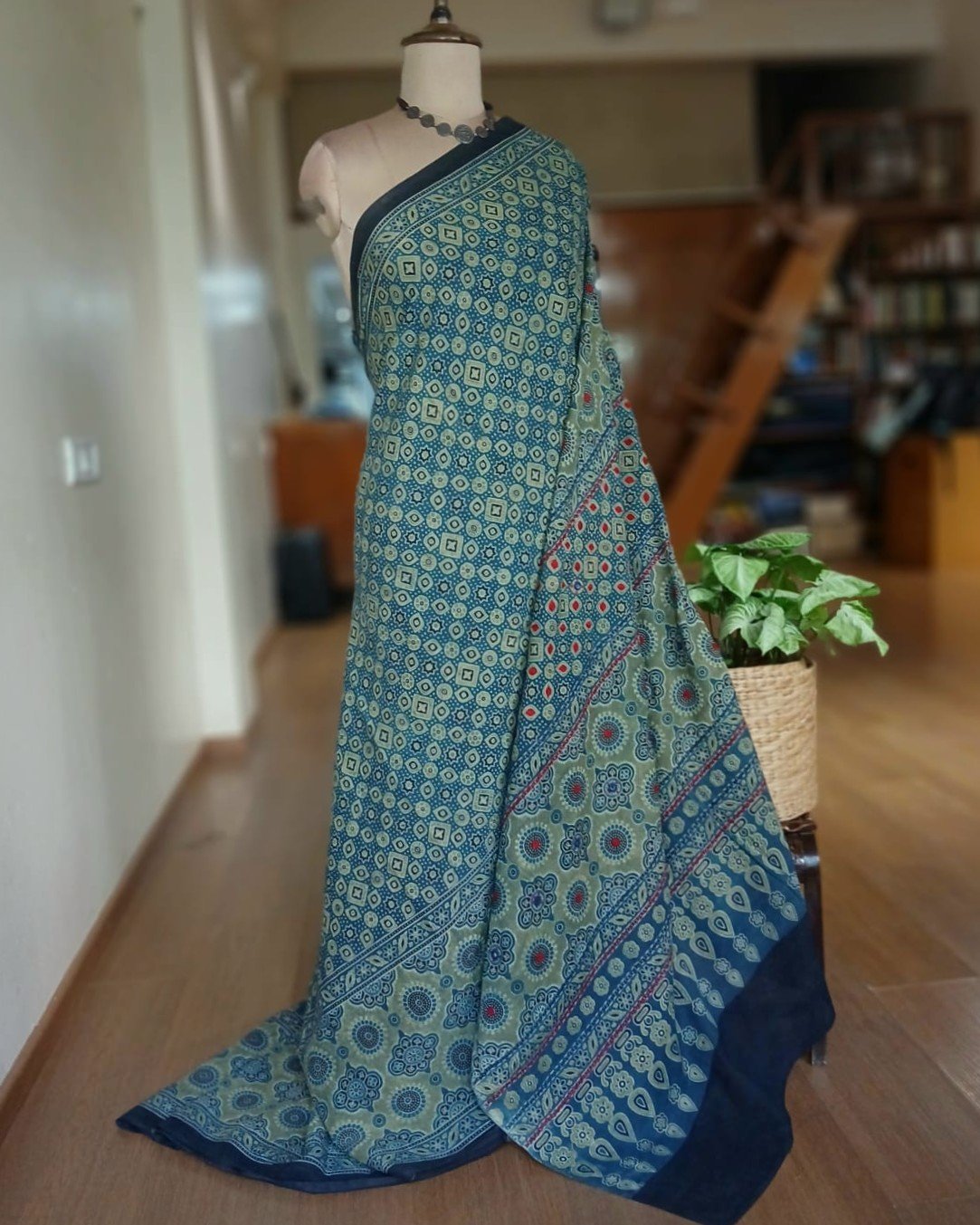 Barmer Ajrakh with Embroidered Palla Mul Cotton Saree – (AMCE0016)