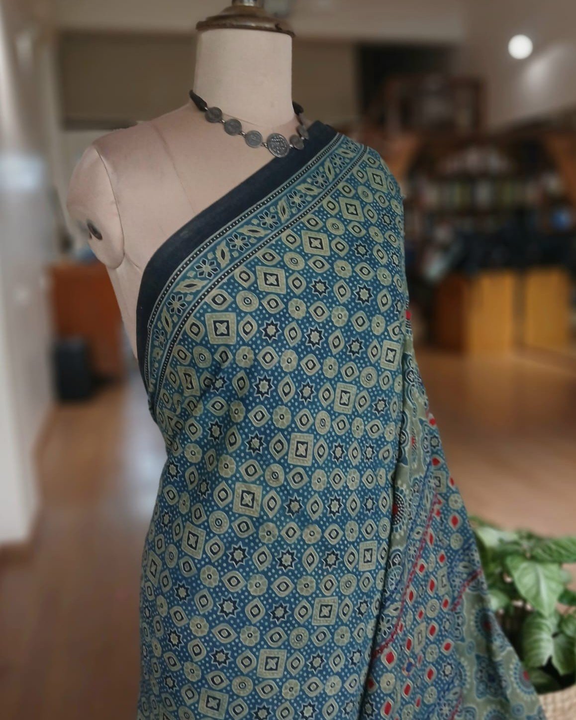 Barmer Ajrakh with Embroidered Palla Mul Cotton Saree – (AMCE0016) - Image 2