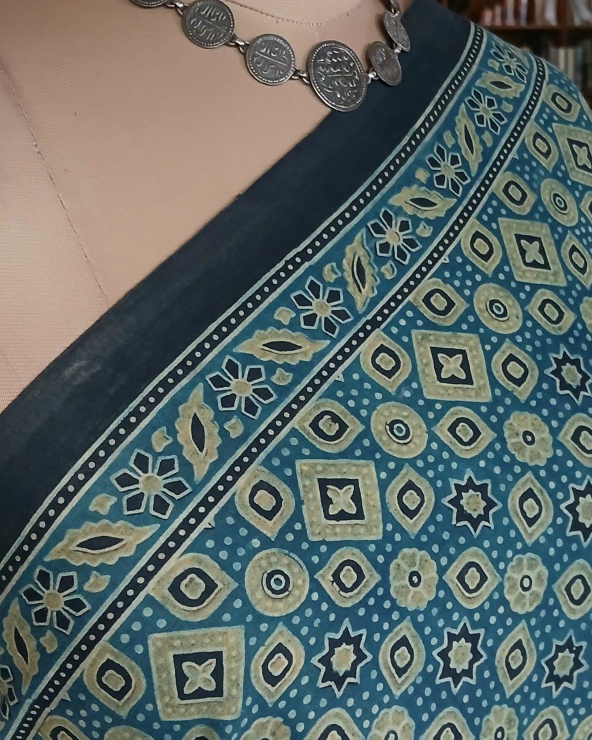 Barmer Ajrakh with Embroidered Palla Mul Cotton Saree – (AMCE0016) - Image 6
