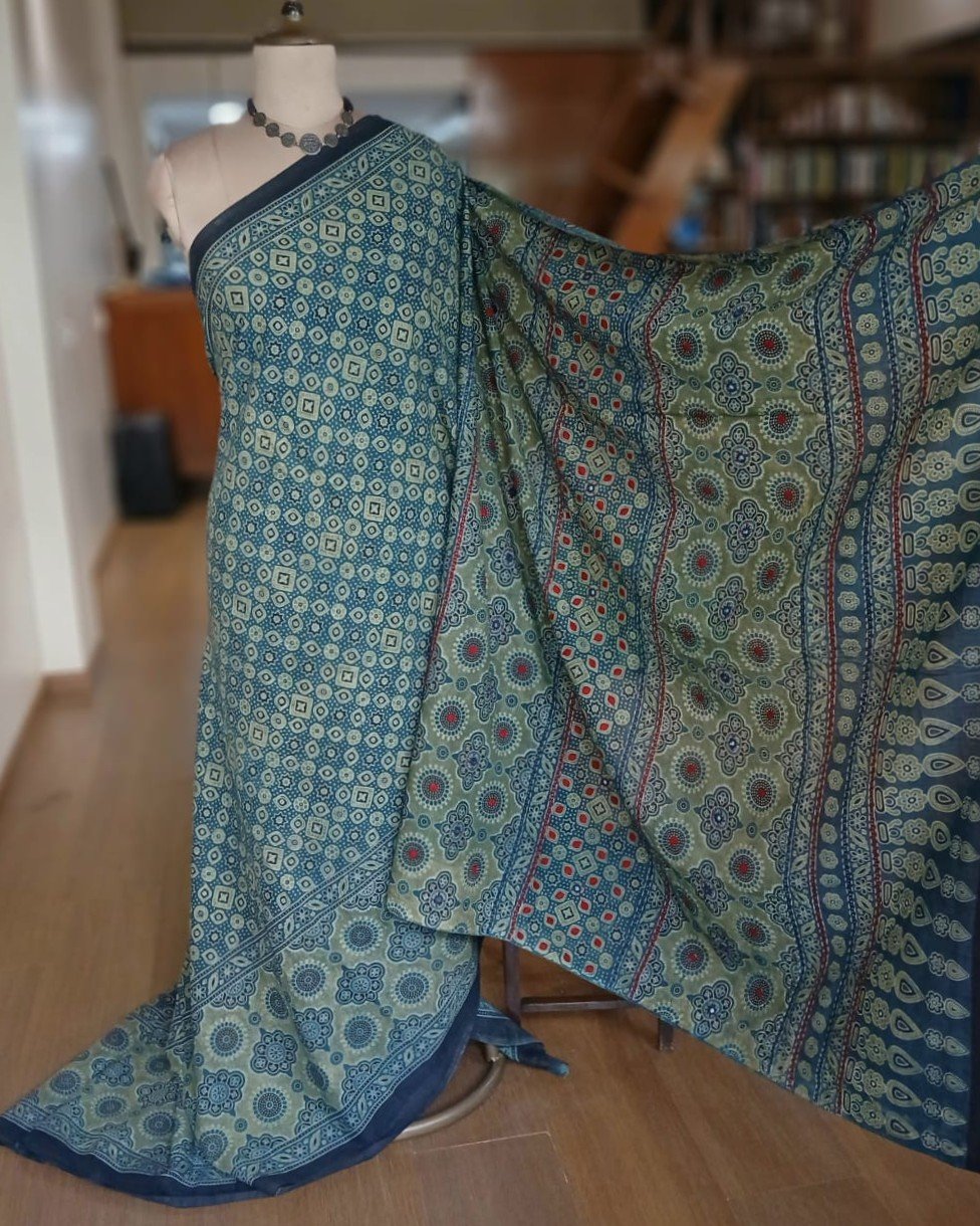Barmer Ajrakh with Embroidered Palla Mul Cotton Saree – (AMCE0016) - Image 5
