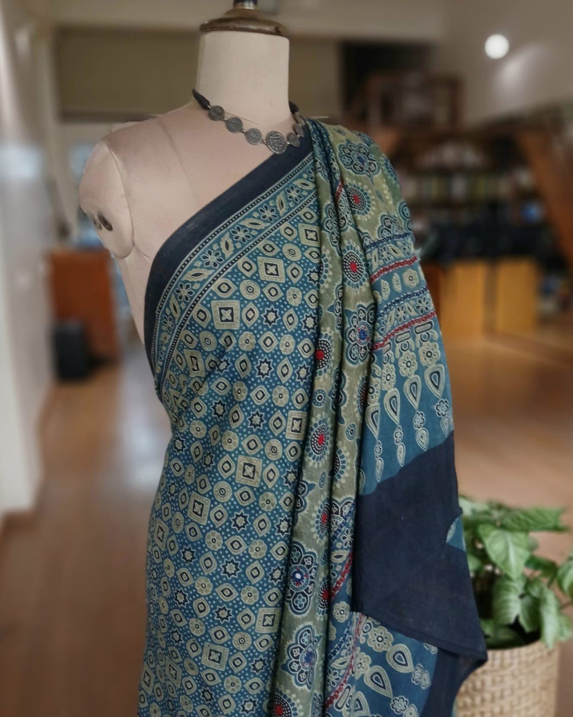 Barmer Ajrakh with Embroidered Palla Mul Cotton Saree – (AMCE0016) - Image 4