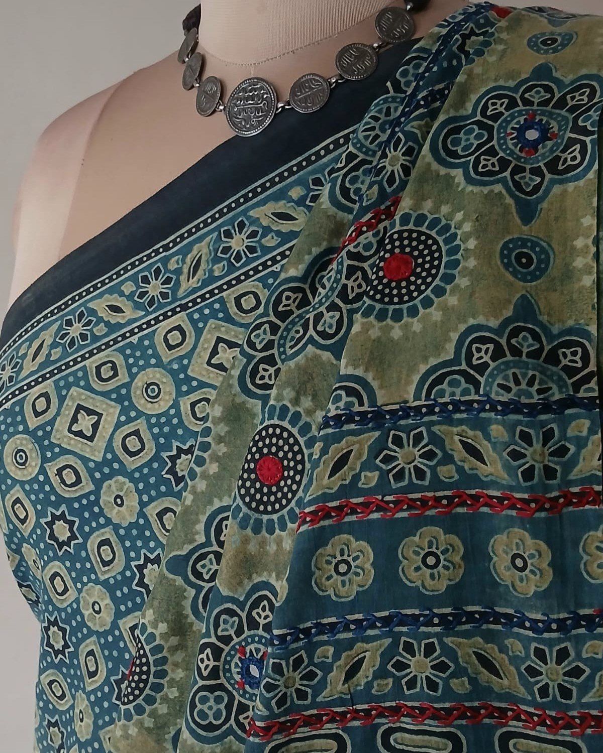 Barmer Ajrakh with Embroidered Palla Mul Cotton Saree – (AMCE0016) - Image 3
