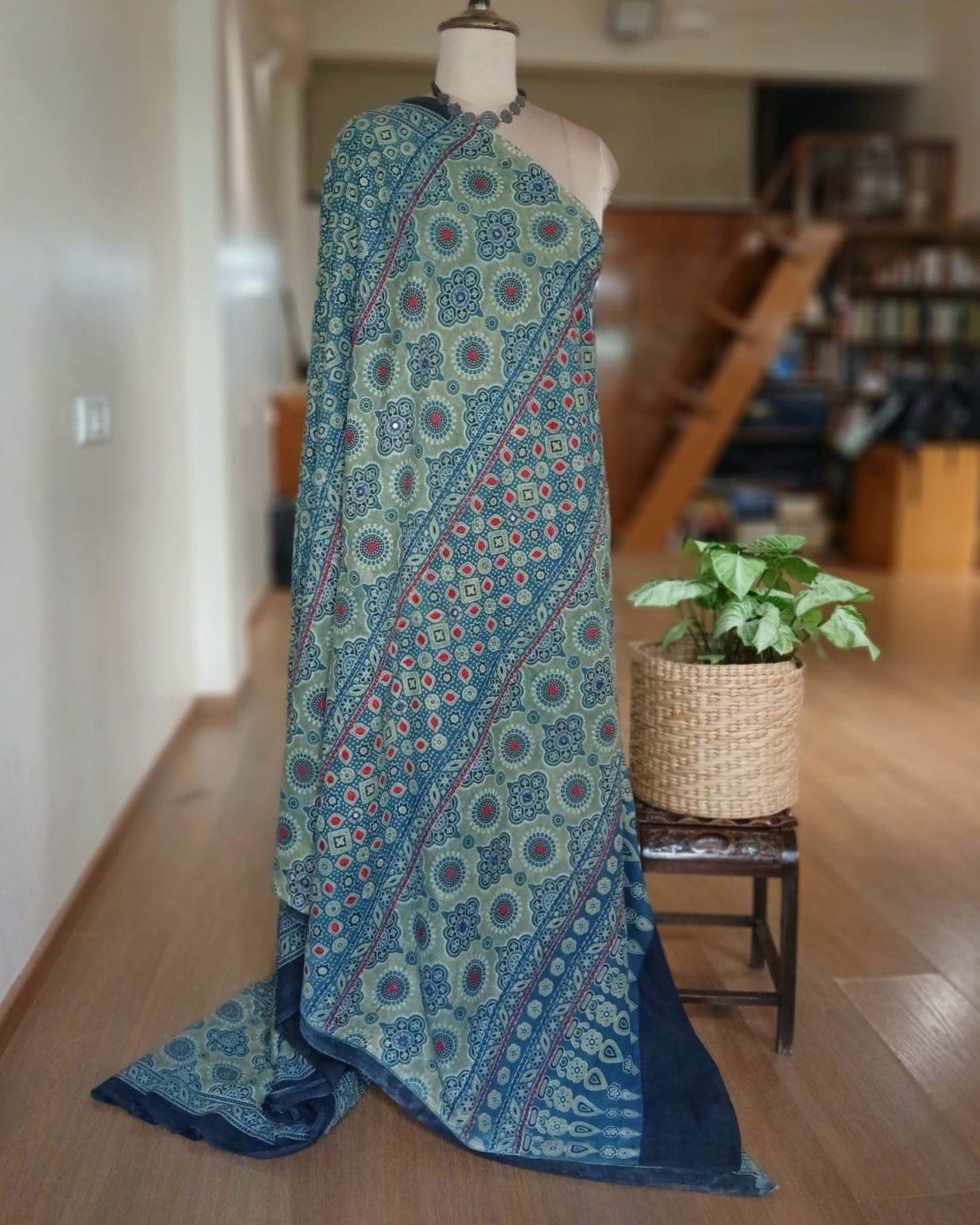 Barmer Ajrakh with Embroidered Palla Mul Cotton Saree – (AMCE0016) - Image 7