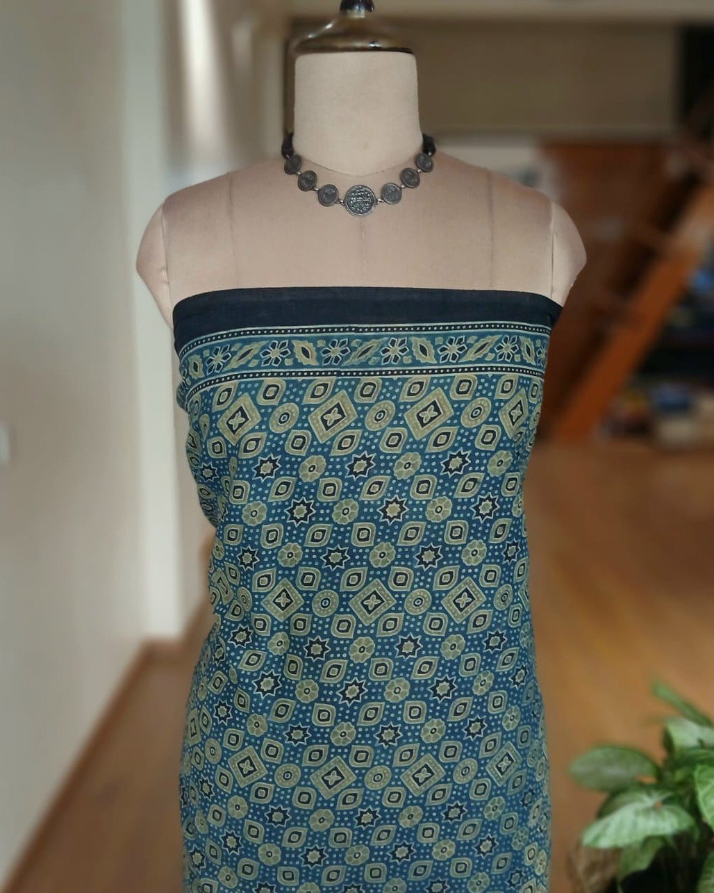 Barmer Ajrakh with Embroidered Palla Mul Cotton Saree – (AMCE0016) - Image 8