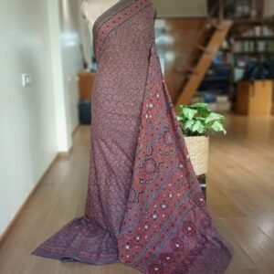 Barmer Ajrakh with Embroidered Palla Mul Cotton Saree – (AMCE0018)