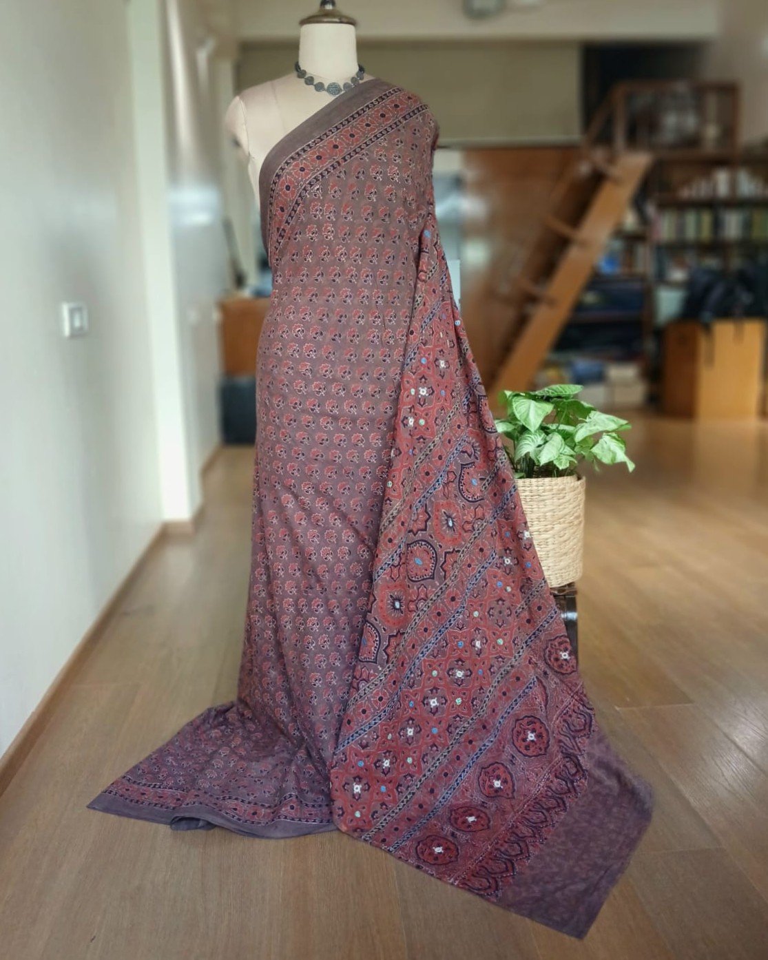 Barmer Ajrakh with Embroidered Palla Mul Cotton Saree – (AMCE0018)