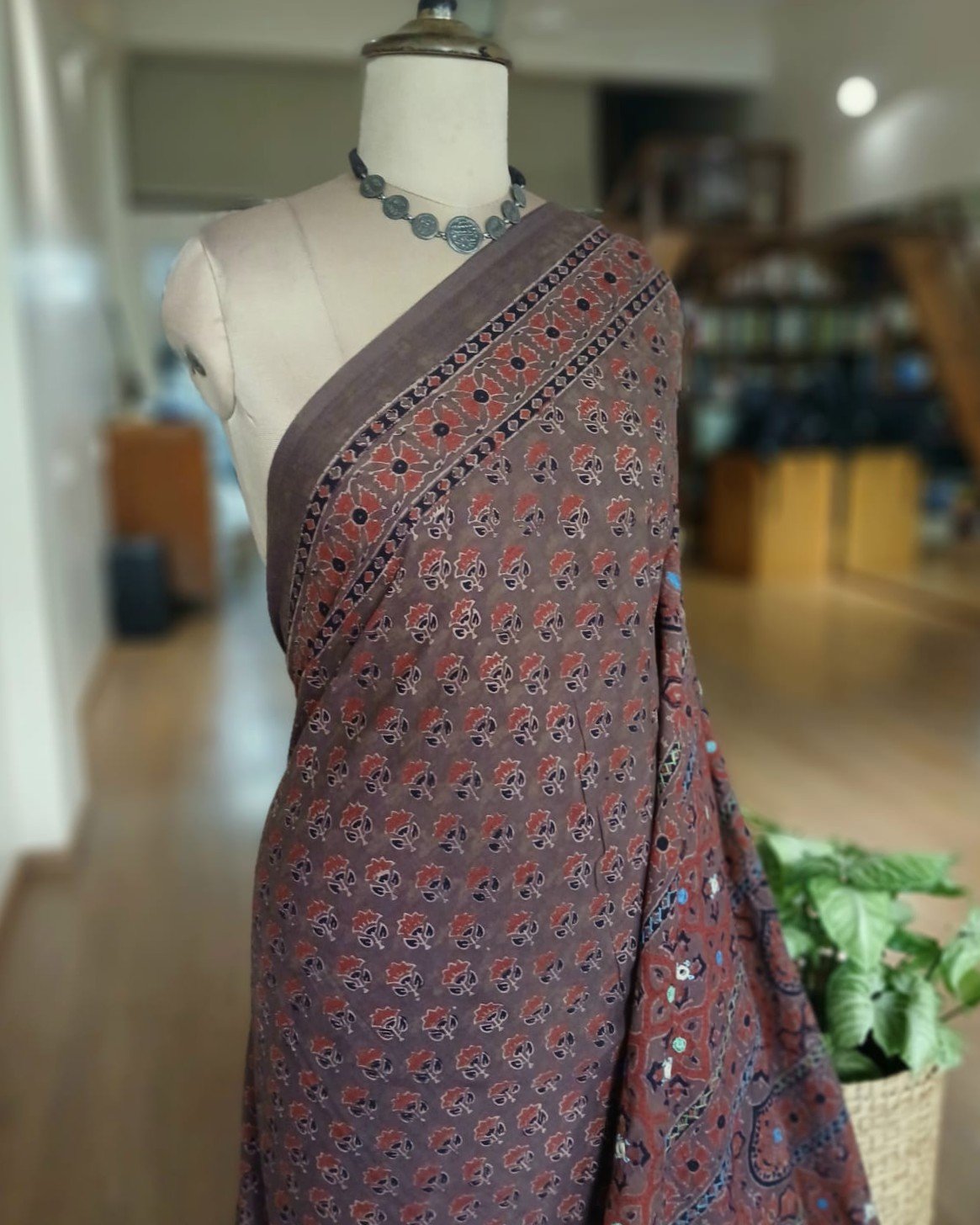 Barmer Ajrakh with Embroidered Palla Mul Cotton Saree – (AMCE0018) - Image 2