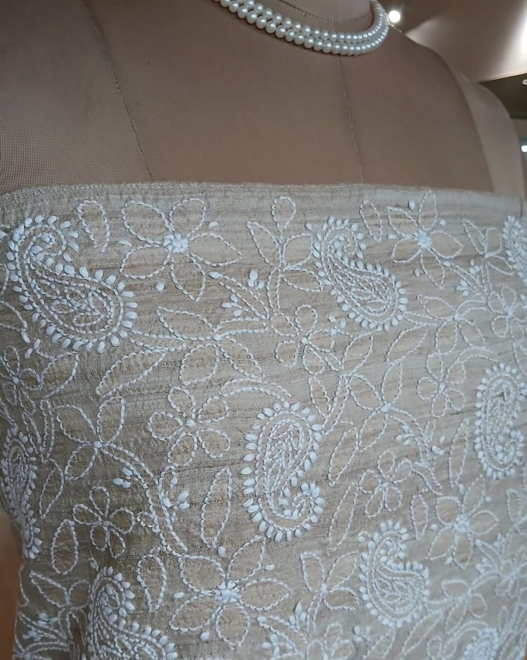Chikankari Tussar Silk Kurta Fabric from Lucknow - (CKFL0003)