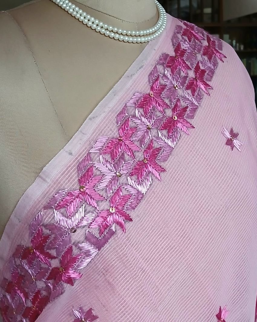 Phulkari Hand Embroidered Saree from Punjab -(PHES1003) - Image 3