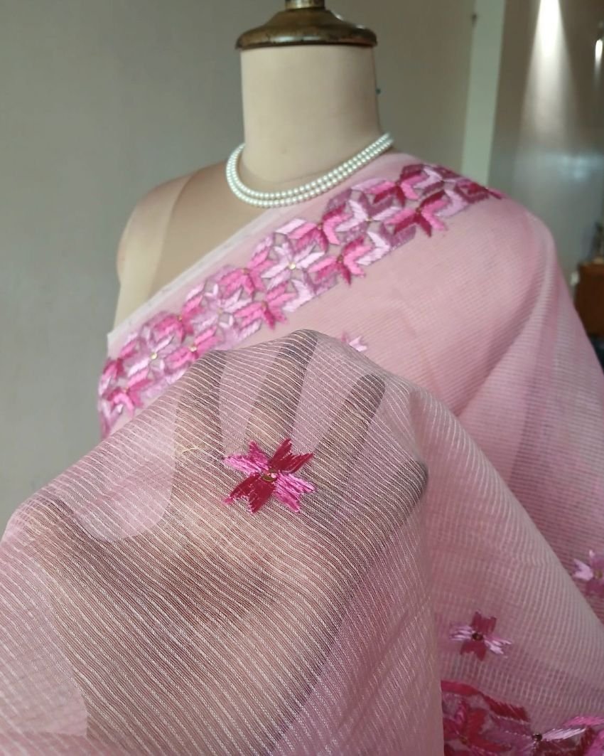 Phulkari Hand Embroidered Saree from Punjab -(PHES1003) - Image 4