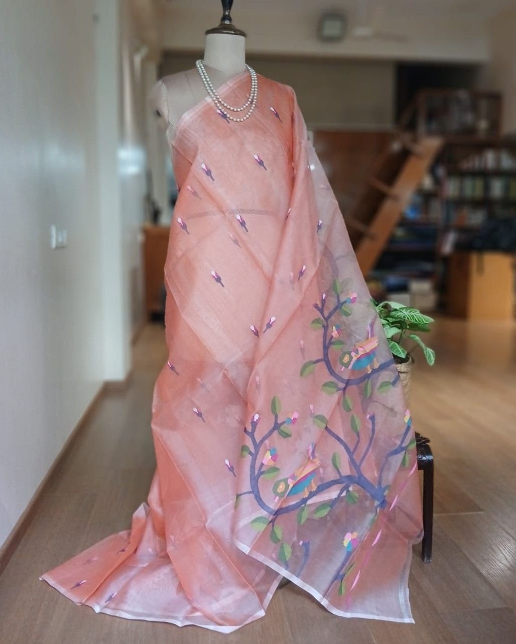 Hand Jamdani in Mulberry Silk with Bird Motifs – (SJMS0009)