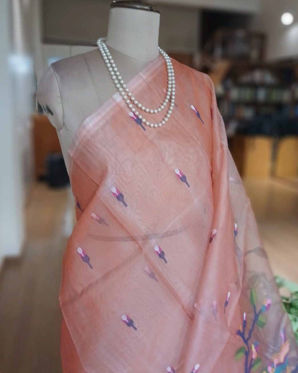 Hand Jamdani in Mulberry Silk with Bird Motifs – (SJMS0009) - Image 2