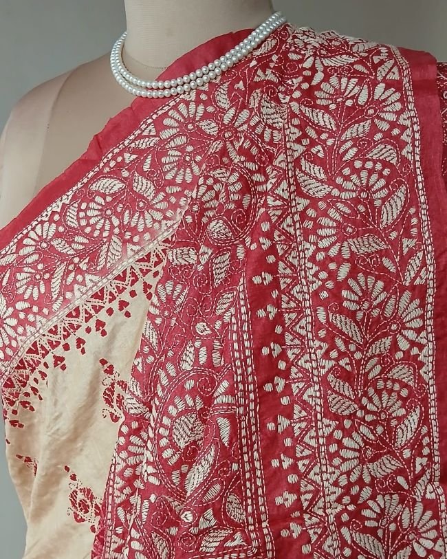 PadmaShree Takdira Begum’s Tussar Silk Kantha Saree - (TSKS0025) - Image 7