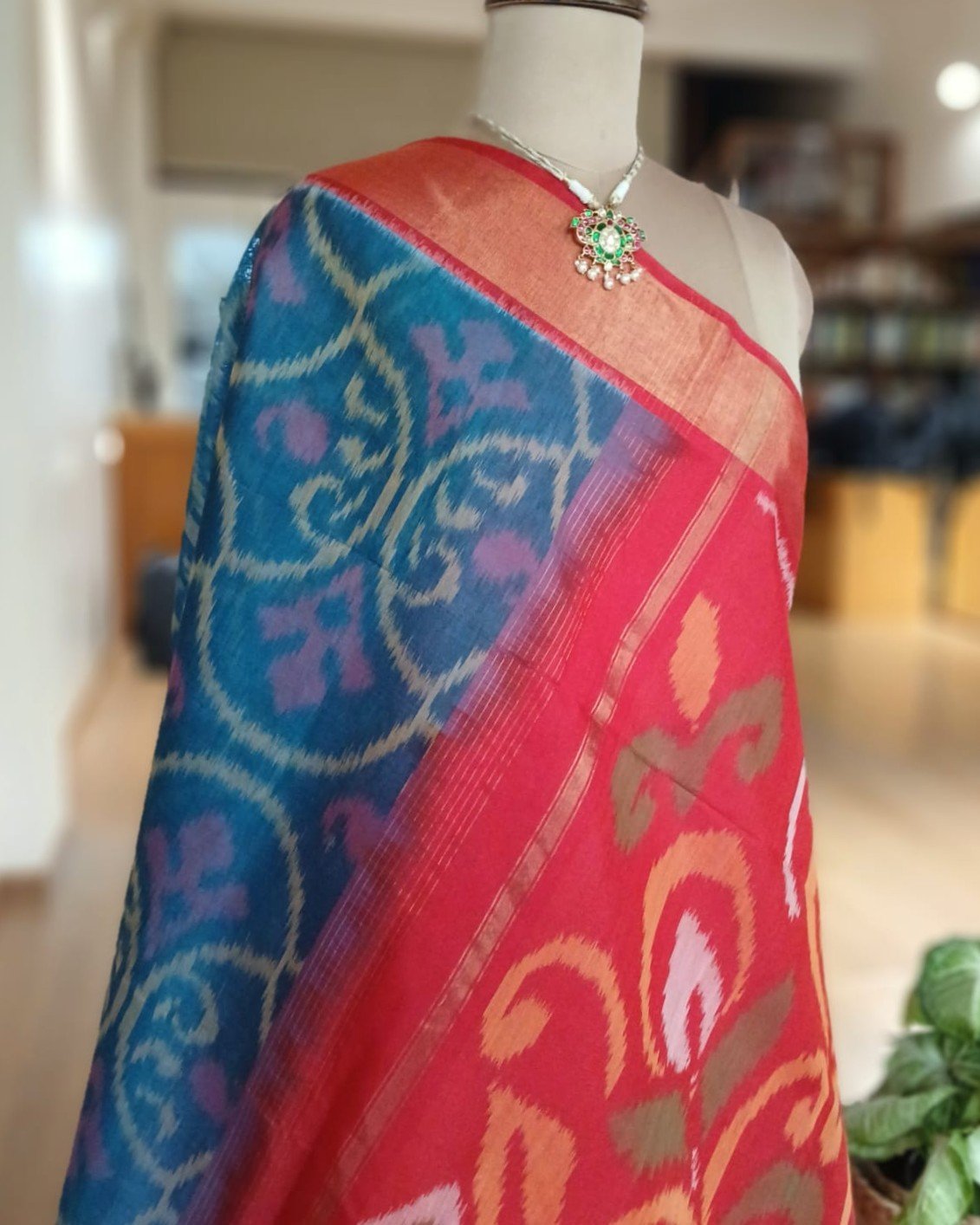 Handloom Single Ikat in Silk-Cotton Saree – (HSIS0043) - Image 8