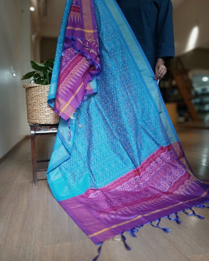 Silk-cotton Ikat Dupatta from Telengana – (SCDT0049)