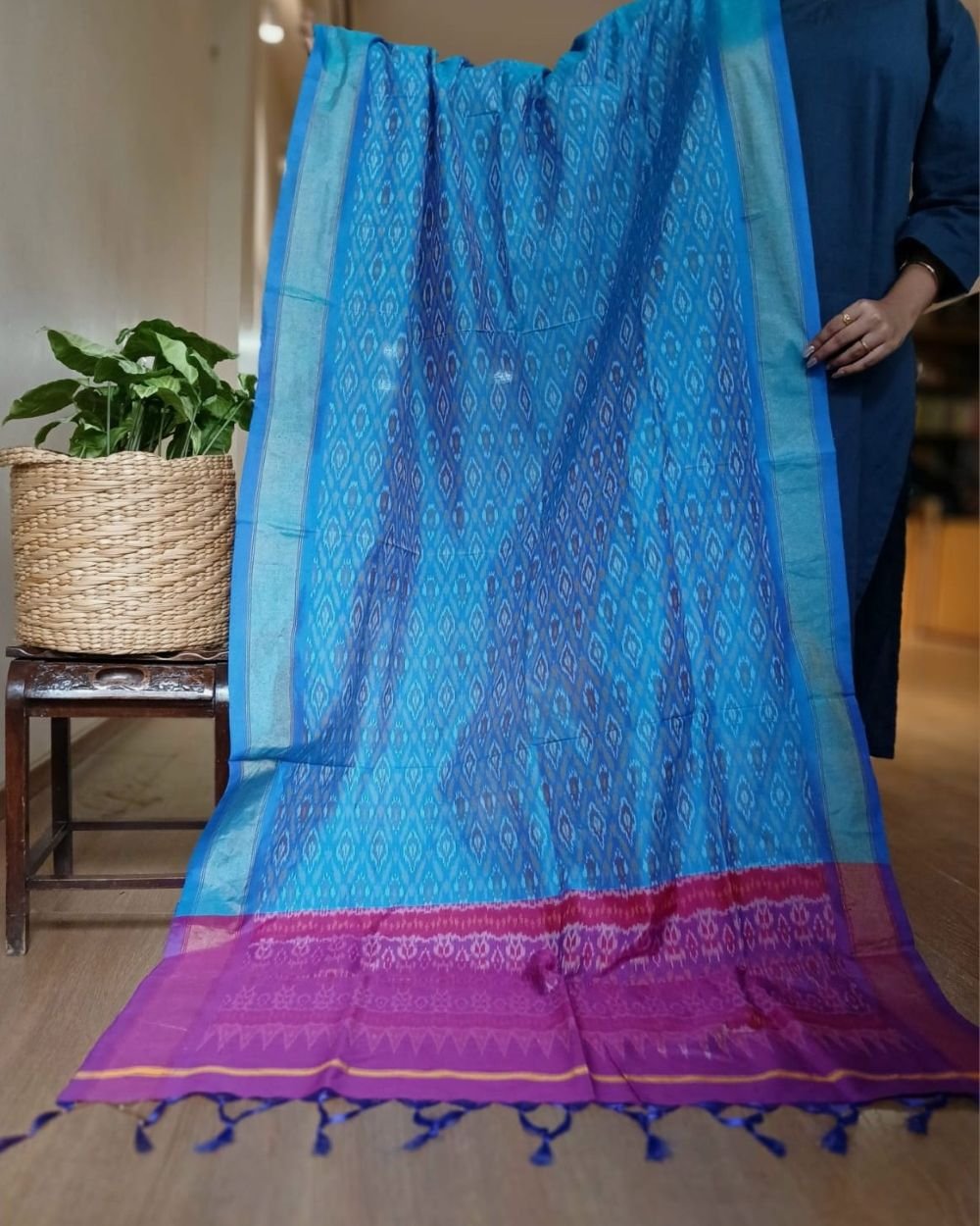 Silk-cotton Ikat Dupatta from Telengana – (SCDT0049) - Image 2