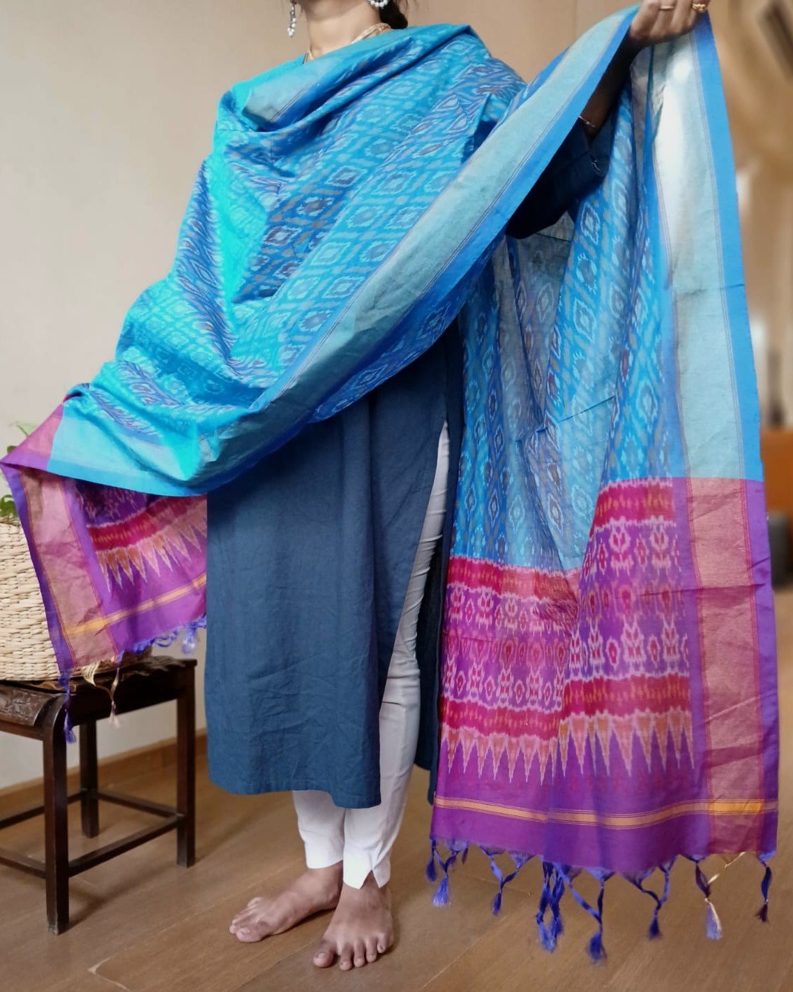Silk-cotton Ikat Dupatta from Telengana – (SCDT0049) - Image 3
