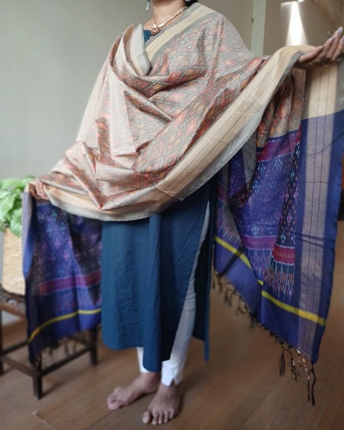 Silk-cotton Ikat Dupatta from Telengana – (SCDT0058) - Image 3