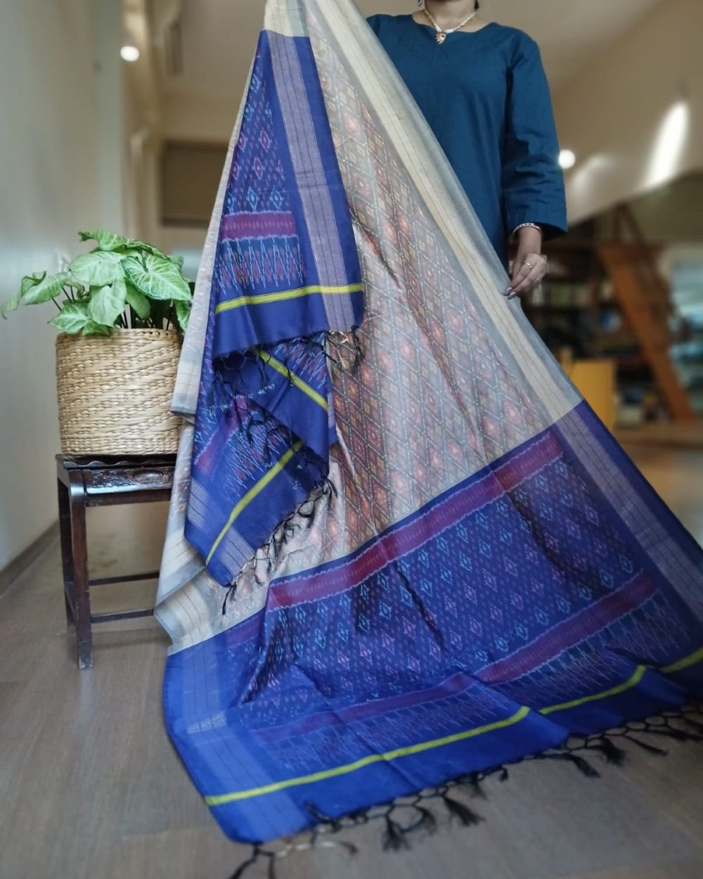 Silk-cotton Ikat Dupatta from Telengana – (SCDT0058)