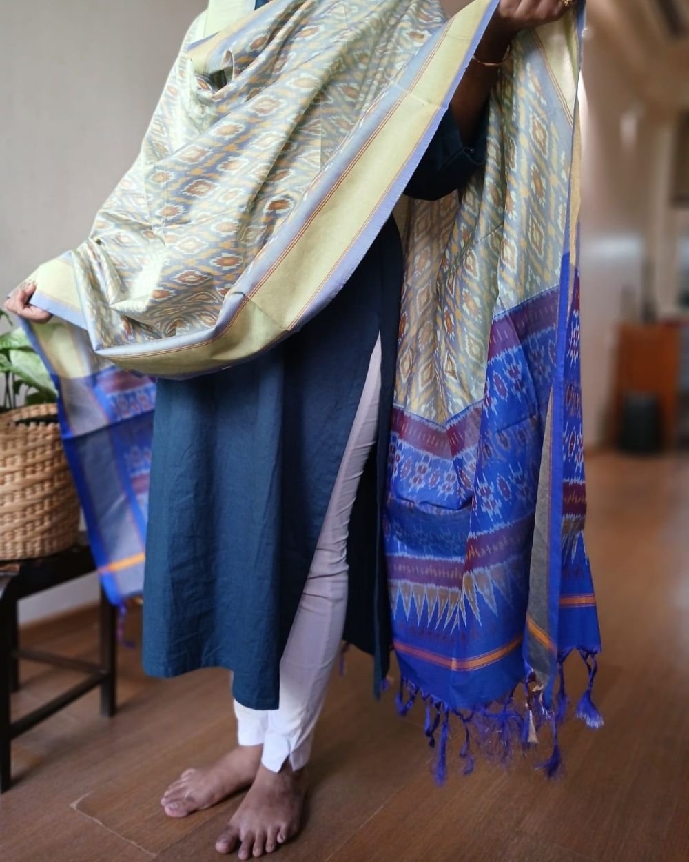 Silk-cotton Ikat Dupatta from Telengana – (SCDT0062) - Image 3