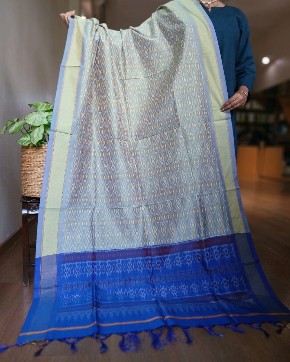 Silk-cotton Ikat Dupatta from Telengana – (SCDT0062) - Image 2