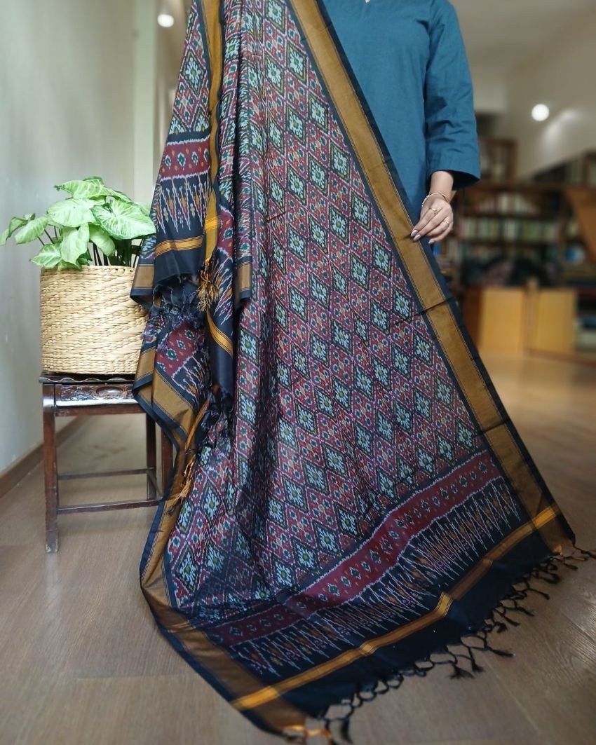Silk-cotton Ikat Dupatta from Telengana – (SCDT0064)