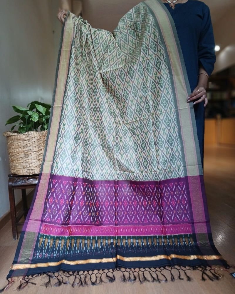 Silk-cotton Ikat Dupatta from Telengana – (SCDT0050) - Image 2