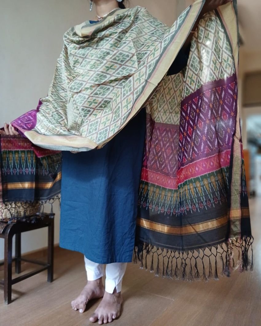 Silk-cotton Ikat Dupatta from Telengana – (SCDT0050) - Image 3