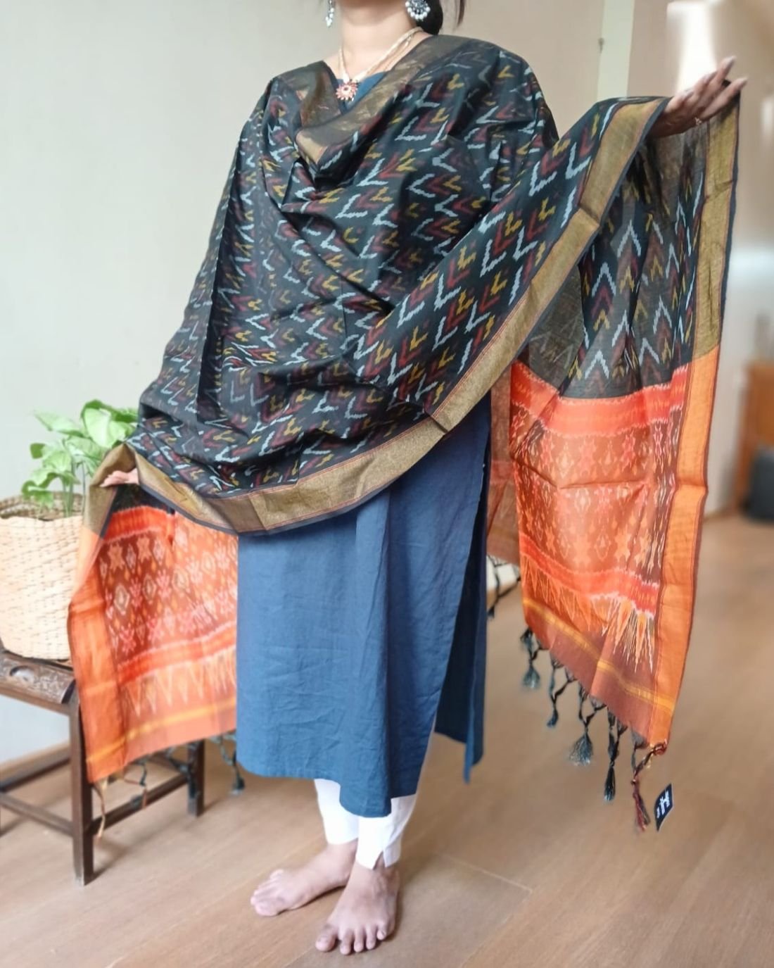 Silk-cotton Ikat Dupatta from Telengana – (SCDT0051) - Image 3