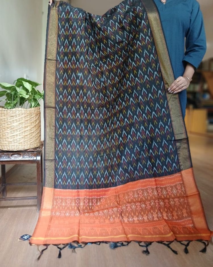 Silk-cotton Ikat Dupatta from Telengana – (SCDT0051) - Image 2