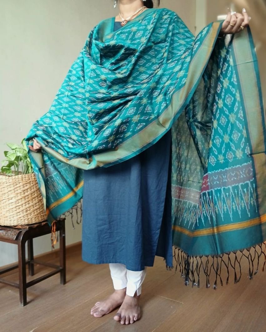 Silk-cotton Ikat Dupatta from Telengana – (SCDT0052) - Image 2