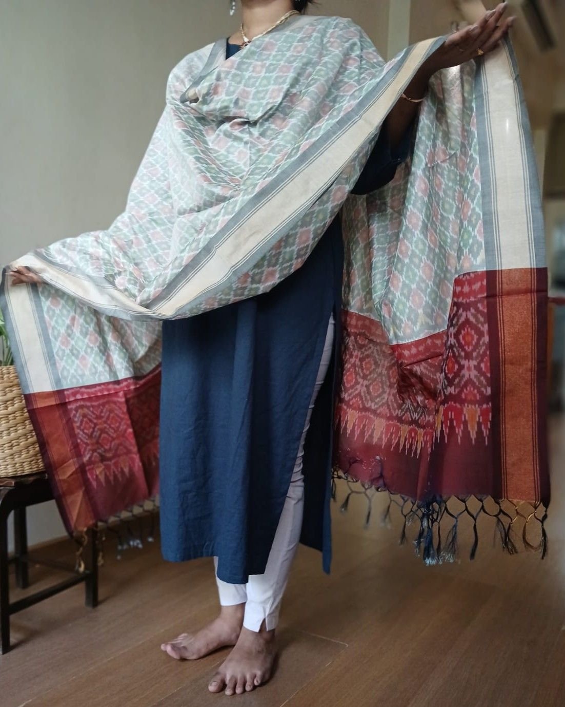Silk-cotton Ikat Dupatta from Telengana – (SCDT0054) - Image 3
