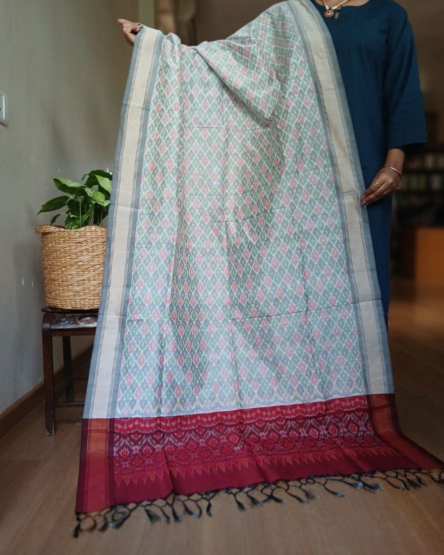 Silk-cotton Ikat Dupatta from Telengana – (SCDT0054) - Image 2