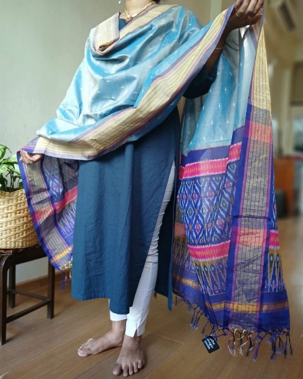 Silk-cotton Ikat Dupatta from Telengana – (SCDT0056) - Image 3