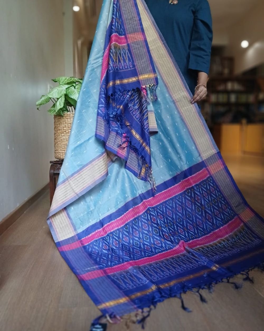 Silk-cotton Ikat Dupatta from Telengana – (SCDT0056)