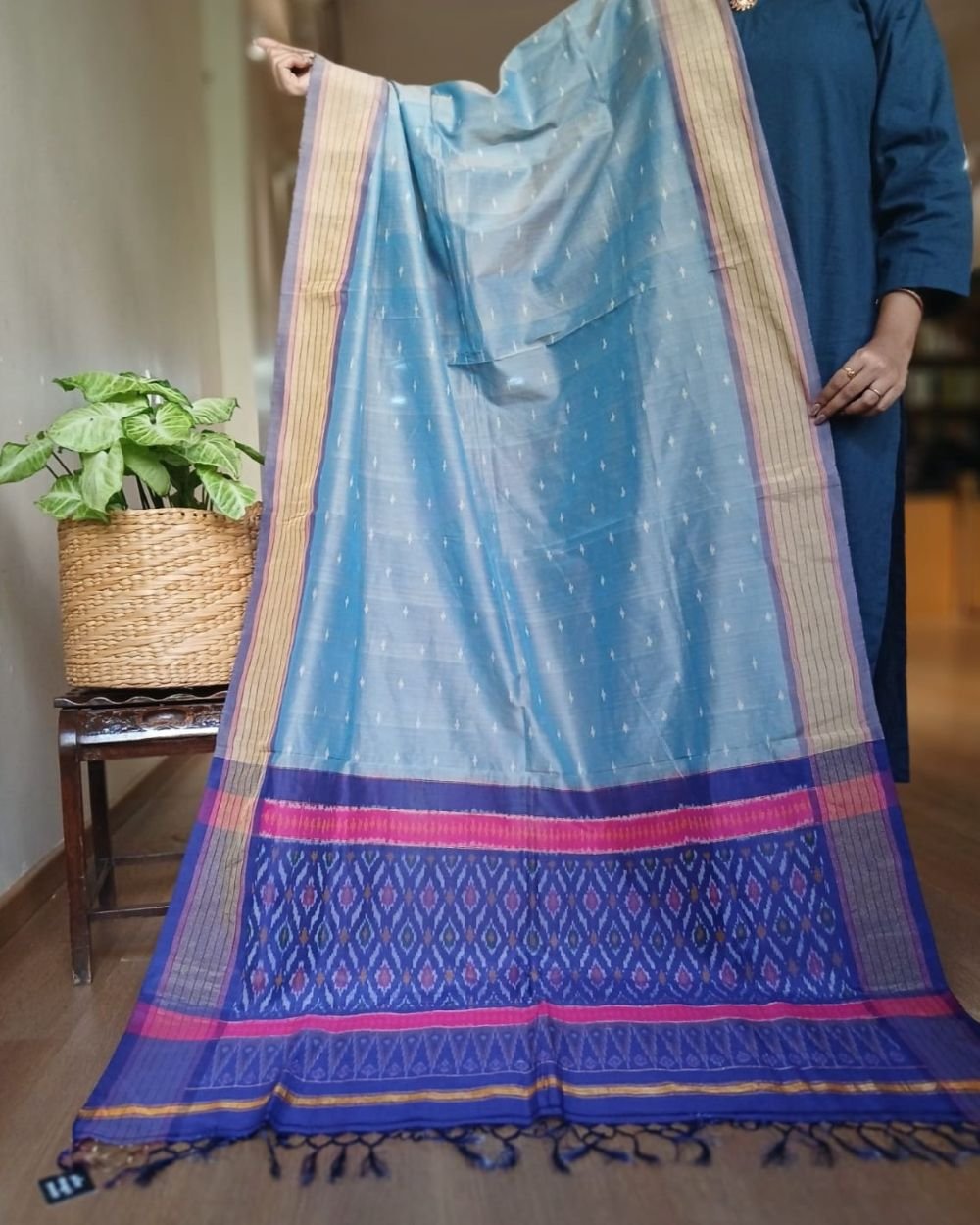 Silk-cotton Ikat Dupatta from Telengana – (SCDT0056) - Image 2