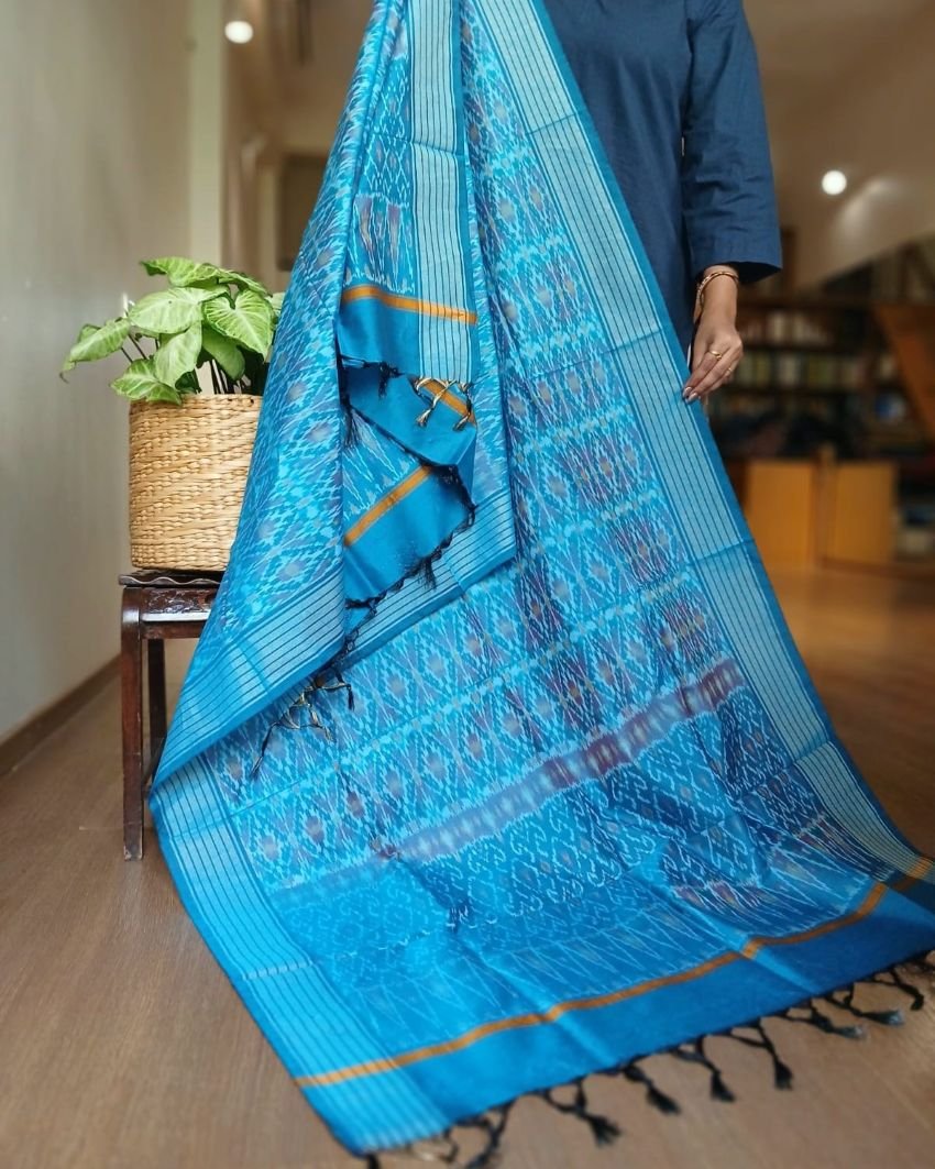 Silk-cotton Ikat Dupatta from Telengana – (SCDT0057)