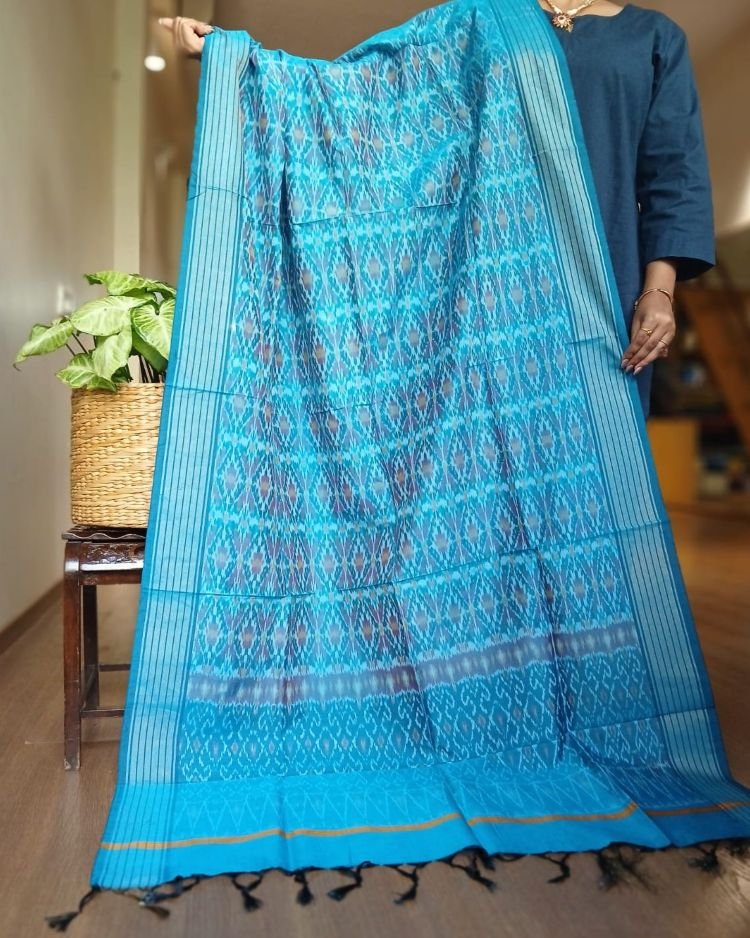 Silk-cotton Ikat Dupatta from Telengana – (SCDT0057) - Image 2