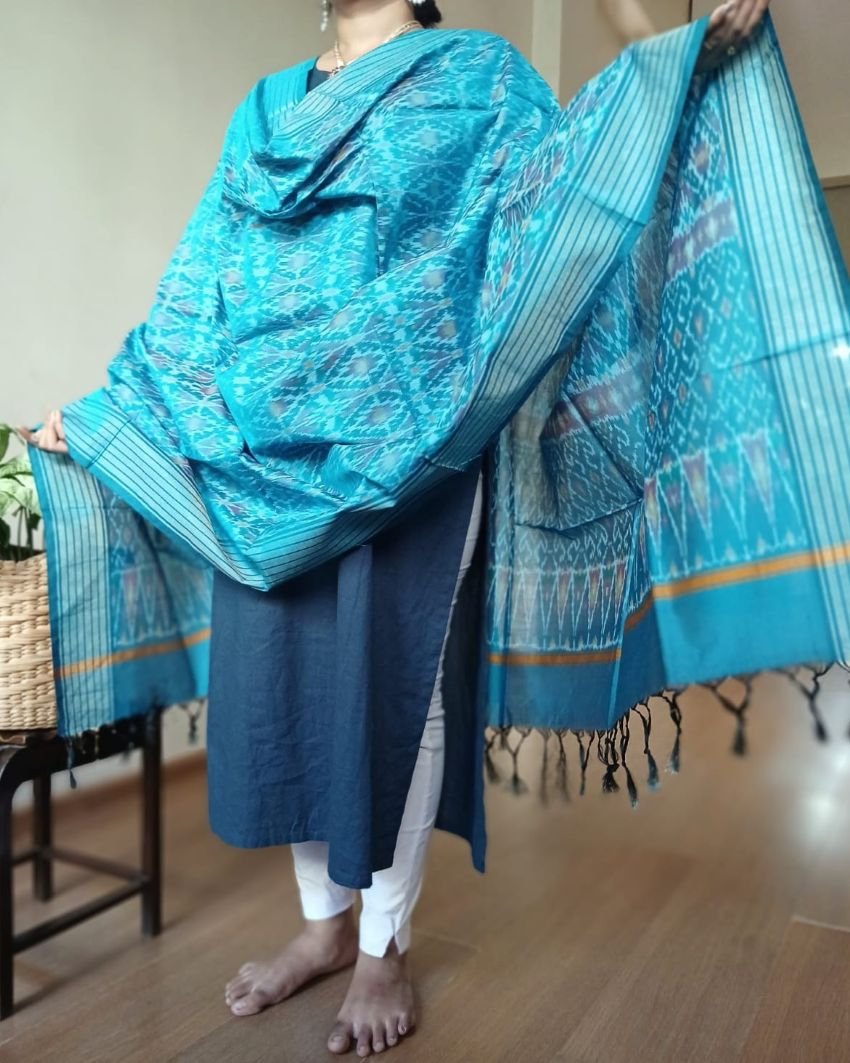Silk-cotton Ikat Dupatta from Telengana – (SCDT0057) - Image 3